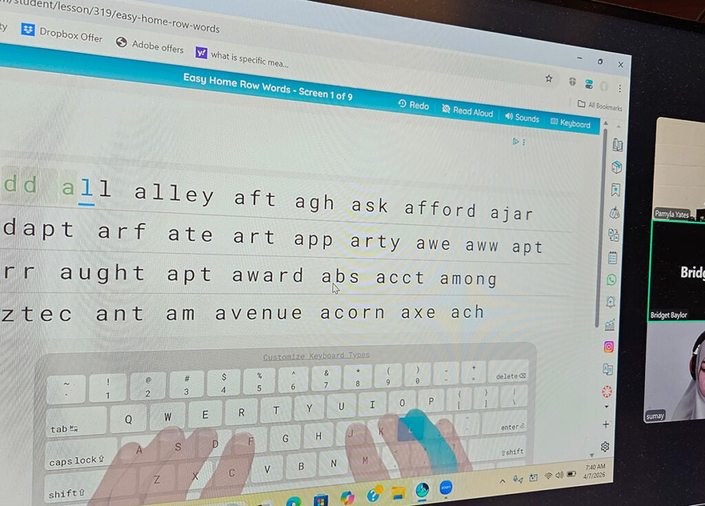 beginning keyboarding teaching screen including short words starting with a